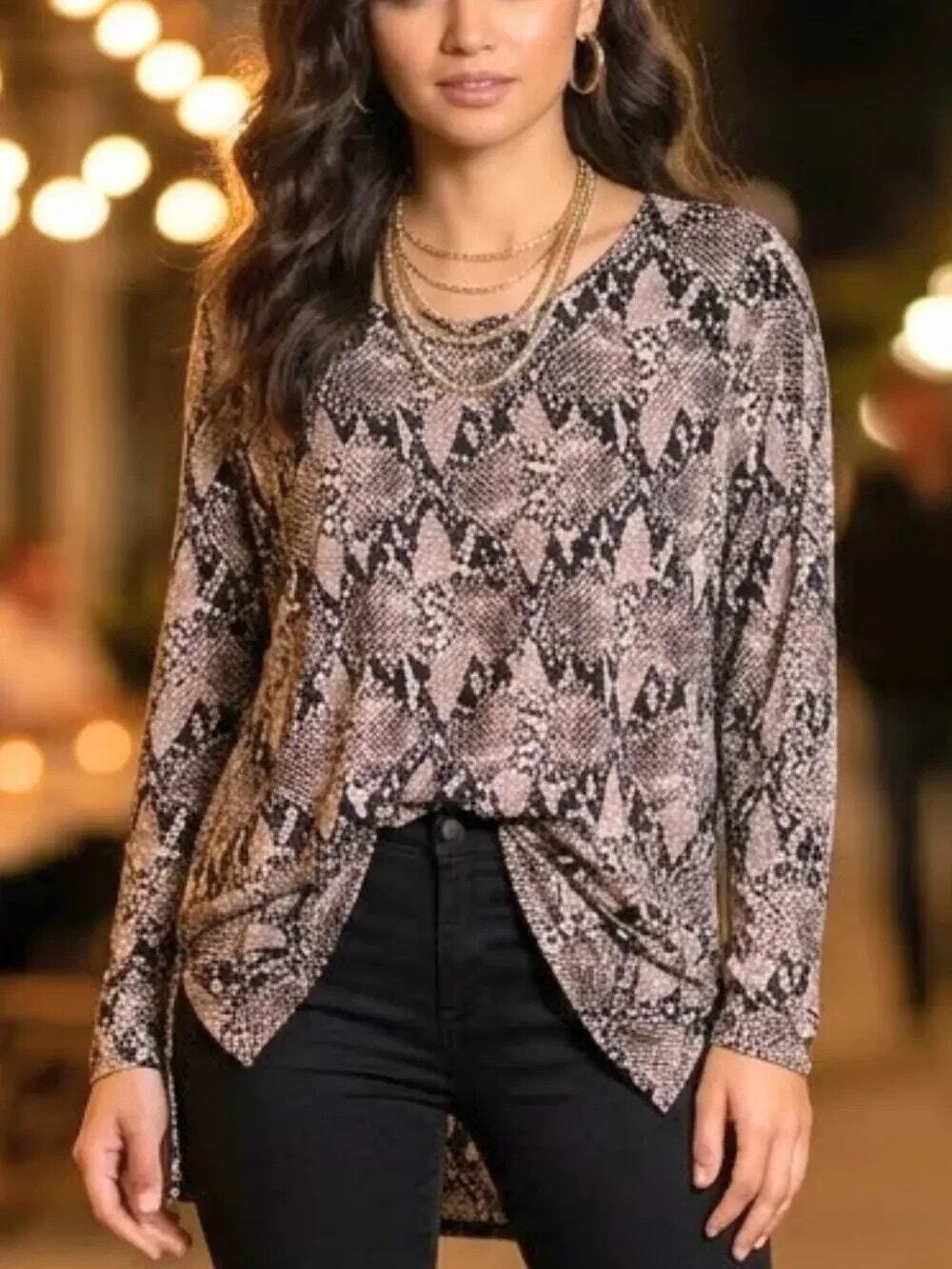 Snakeskin Tunic Tan Black Soft Stretchy Long Sleeves Mario Serrani Women's Small
